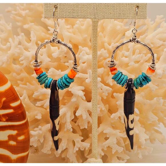 Turquoise Kenya Bone Spiny Oyster Sterling Artisan Teardrop Earrings - Picture 1 of 9